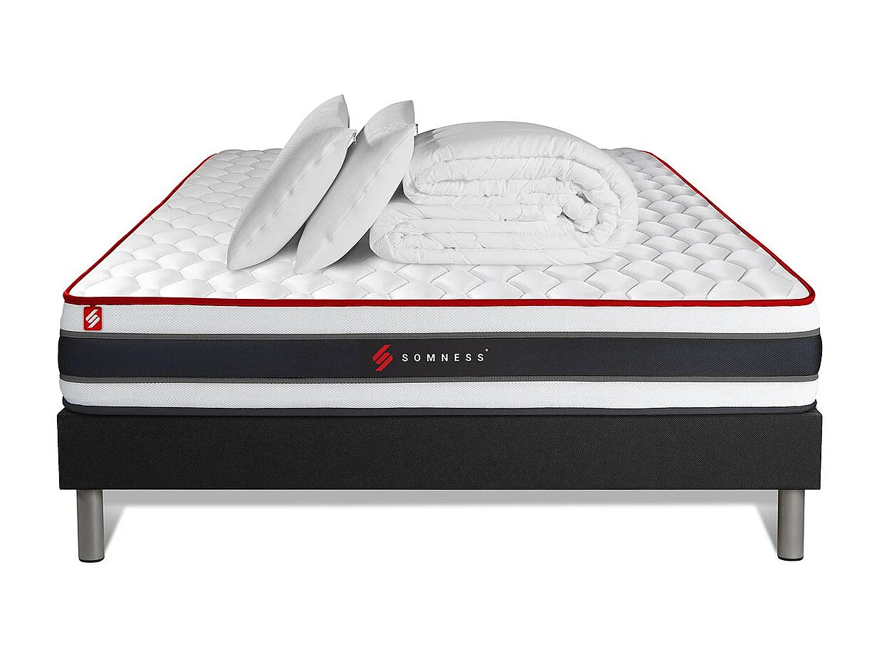 Pack matelas ENERGY 140x190 + sommier noir + Couette + 2 oreillers