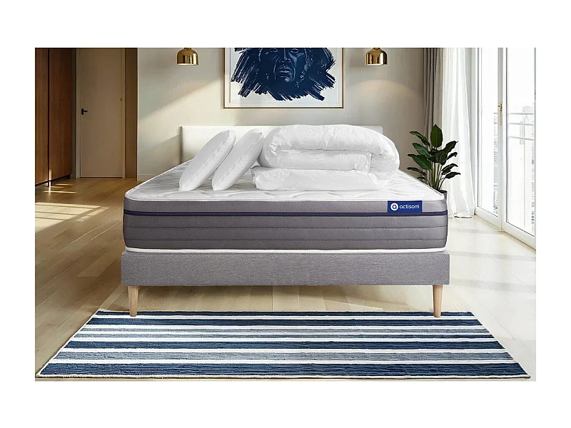 Pack prêt à dormir matelas Ressorts ensachés+Mémoire de forme ACTIFLEX ZEN 200x200 + sommier KIT gris + 2 oreillers +couette