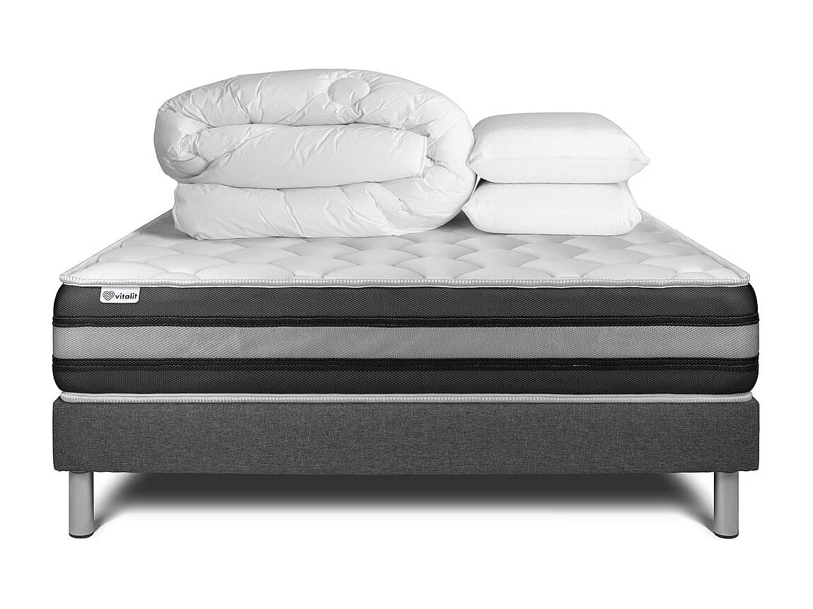 Komplettpaket Bett - Matratze 140x200 cm + Boxspringbett mit Lattenrost (im Set) + 2 Kopfkissen + Bettdecke - Vitalspring Zen