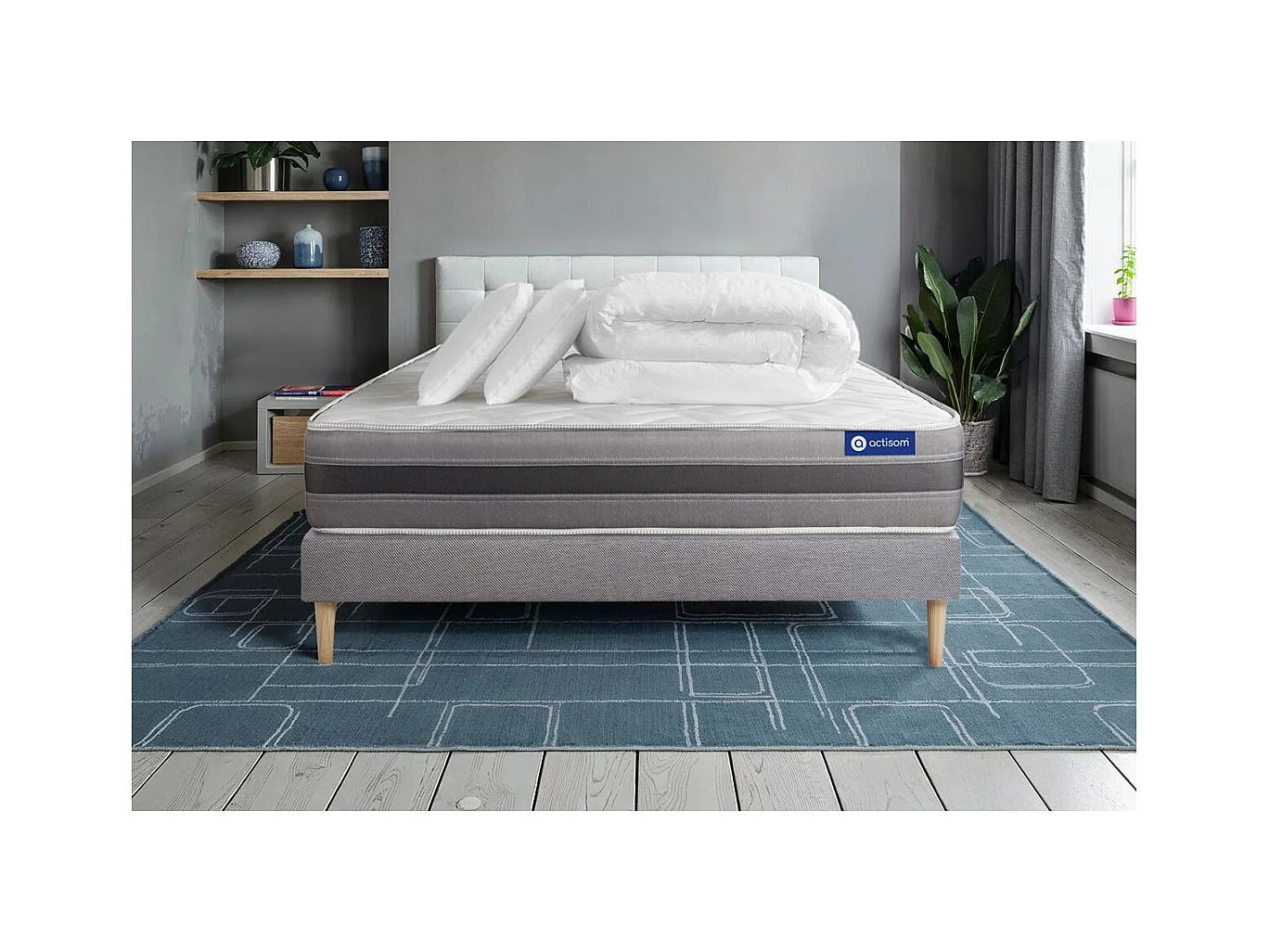 Pack prêt à dormir matelas ACTILATEX RELAX Latex et mémoire de forme 180x200 cm + sommier KIT gris + 2 oreillers + couette