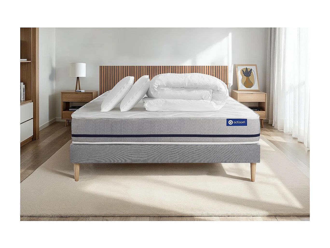 Pack prêt à dormir matelas 160x200 ACTILATEX SOFT 3zones de confort + sommier KIT gris + 2 oreillers + couette