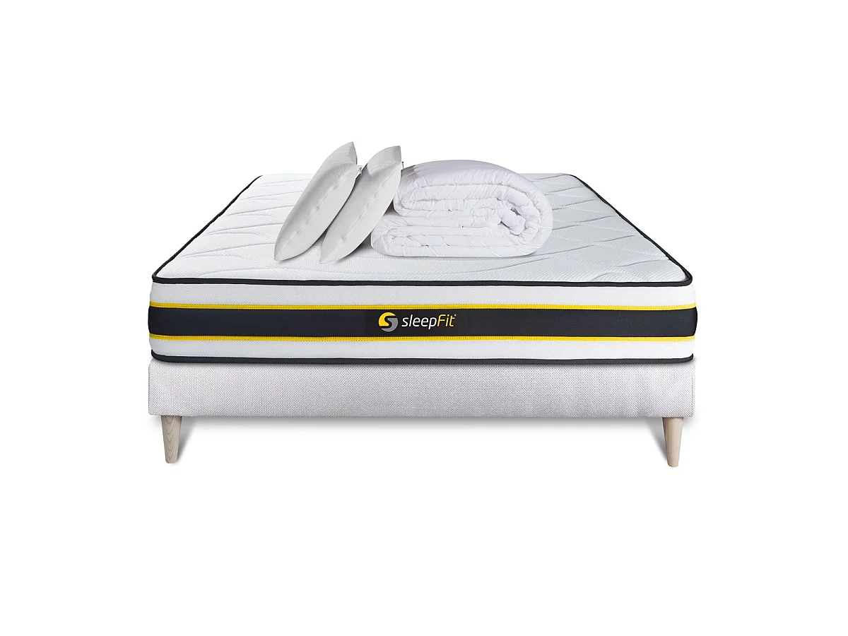 Pack prêt à dormir 180x200 matelas FLEXY + sommier kit blanc + 2 oreillers mémoire de forme 60x40cm + Couette Percale 260x240cm