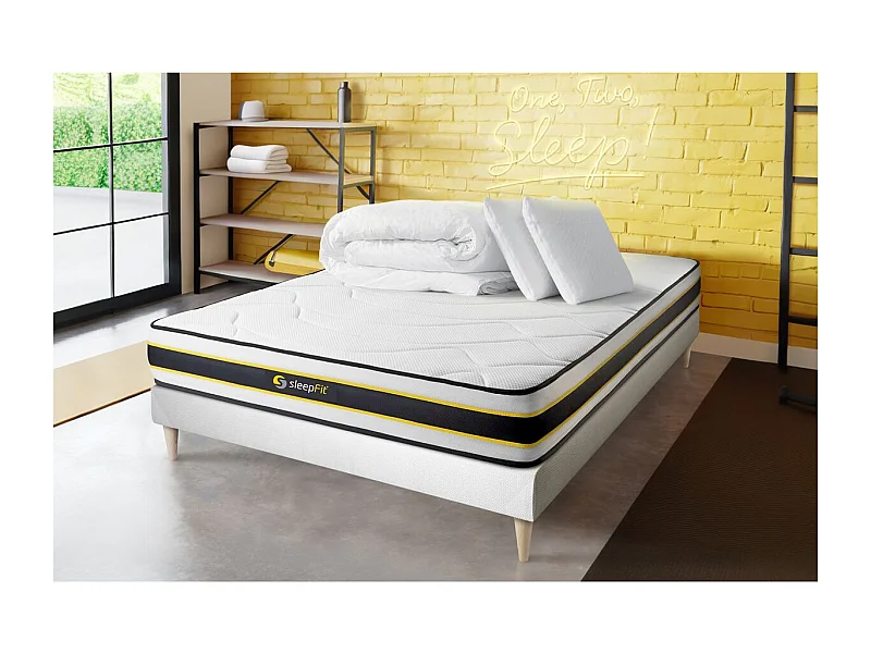 Pacote de cama completo - Colchão 180x200 cm + estrado de molas com ripas (kit) + 2 almofadas + Edredão - Flexy