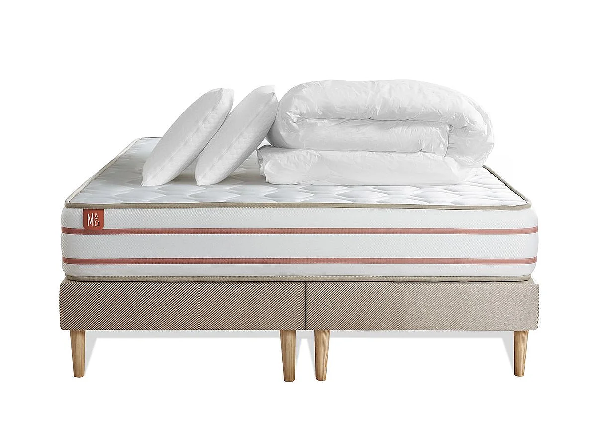 Pack prêt à dormir matelas LE DOUX 200x200cm Mémoire de forme - Ep. 24cm + double sommiers Beige + 2 oreillers +couette