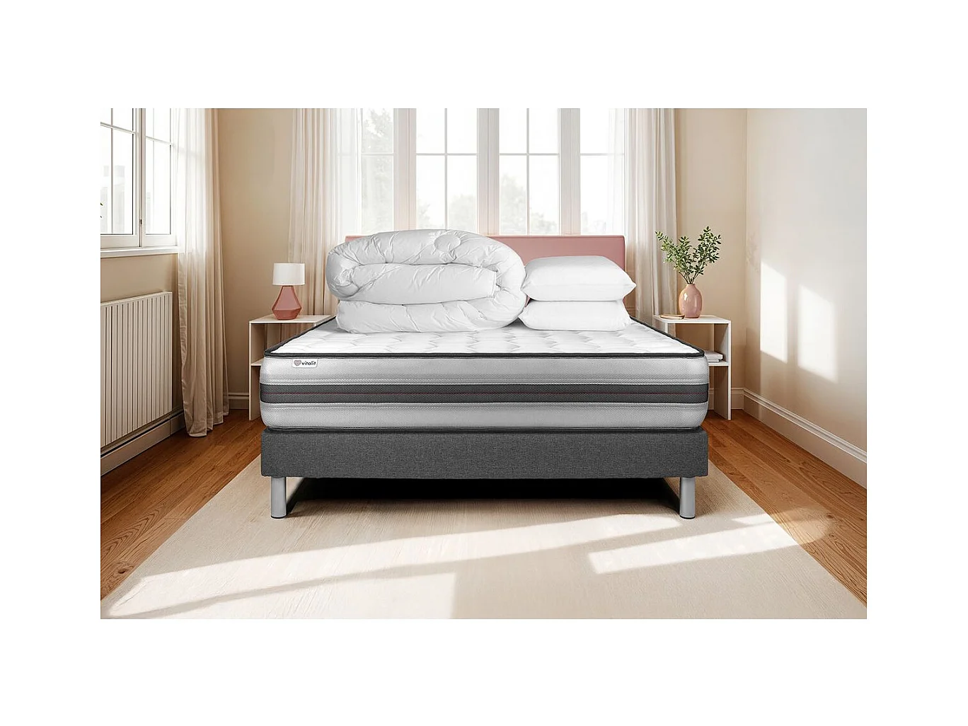 Compleet bedpakket - Matras 200x200 cm + Boxspring met lattenbodem (in kit) + 2 kussens + Dekbed - Vitalpower Recover