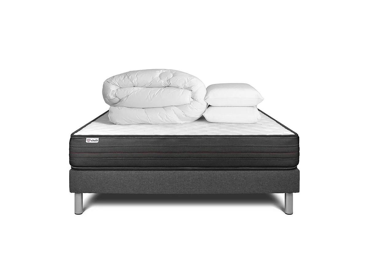 VITALPOWER Madrasspaket - 20 cm - Memory Foam Polyuretan - Fast - Grå sängbotten - Med täcke och kuddar