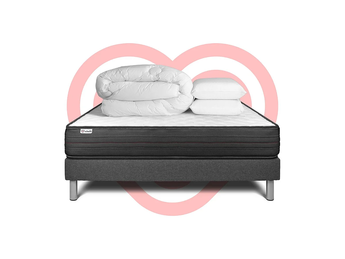 VITALPOWER Madrasspaket - 20 cm - Memory Foam Polyuretan - Fast - Grå sängbotten - Med täcke och kuddar