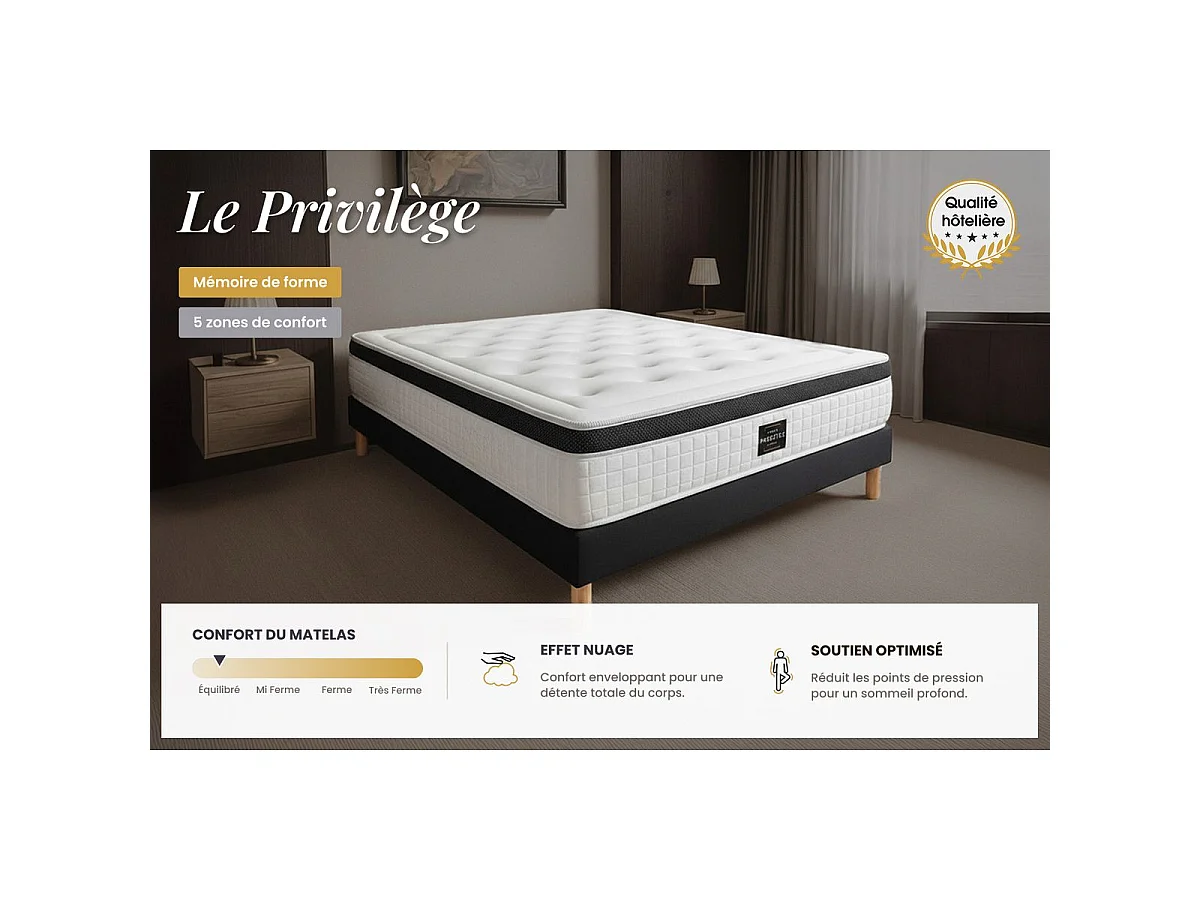 Ensemble Privilège 160x200 Mémoire de forme 5 zones double sommier noir