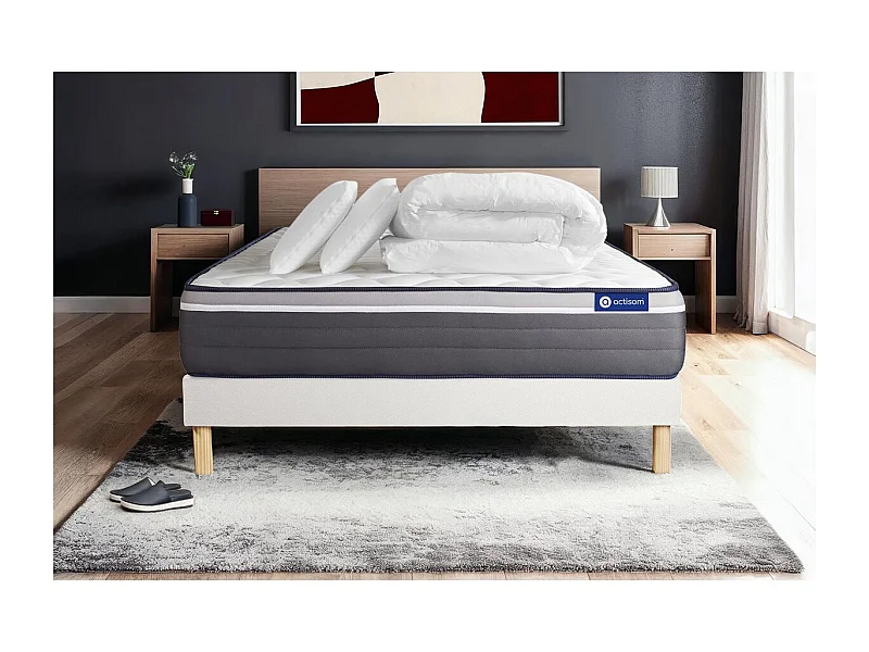 Pack prêt à dormir matelas ACTILATEX PLUS 140x200 cm Latex + Mémoire de forme + sommier KIT blanc + 2 oreillers + couette