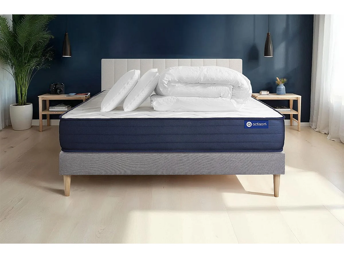 Pack prêt à dormir matelas ACTIMEMO LIFE 200x200 Mémoire de forme 5zones de confort + sommier KIT gris + 2oreillers +couette