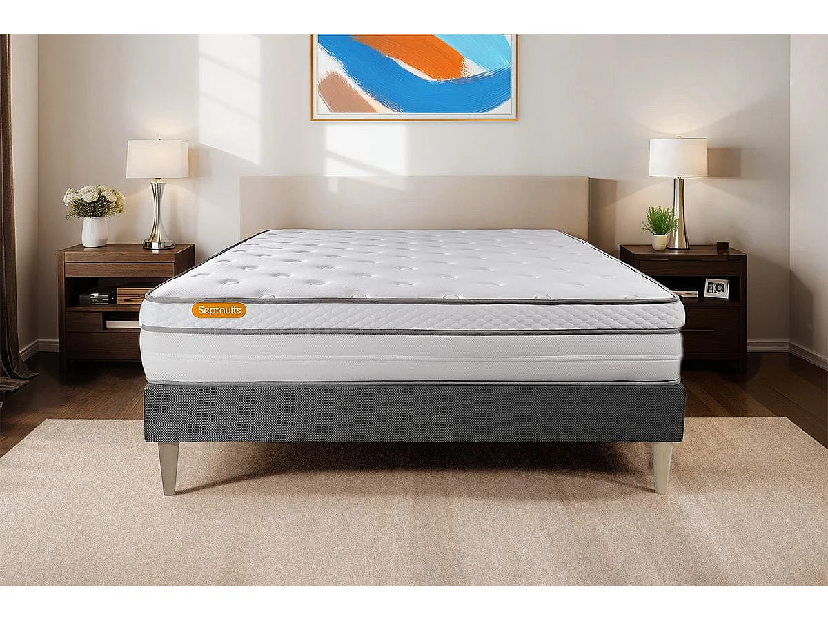 Matelas + sommier kit gris 90x200 Memo Luxe Ressorts ensachés + mémoire de forme MAXI épaisseur