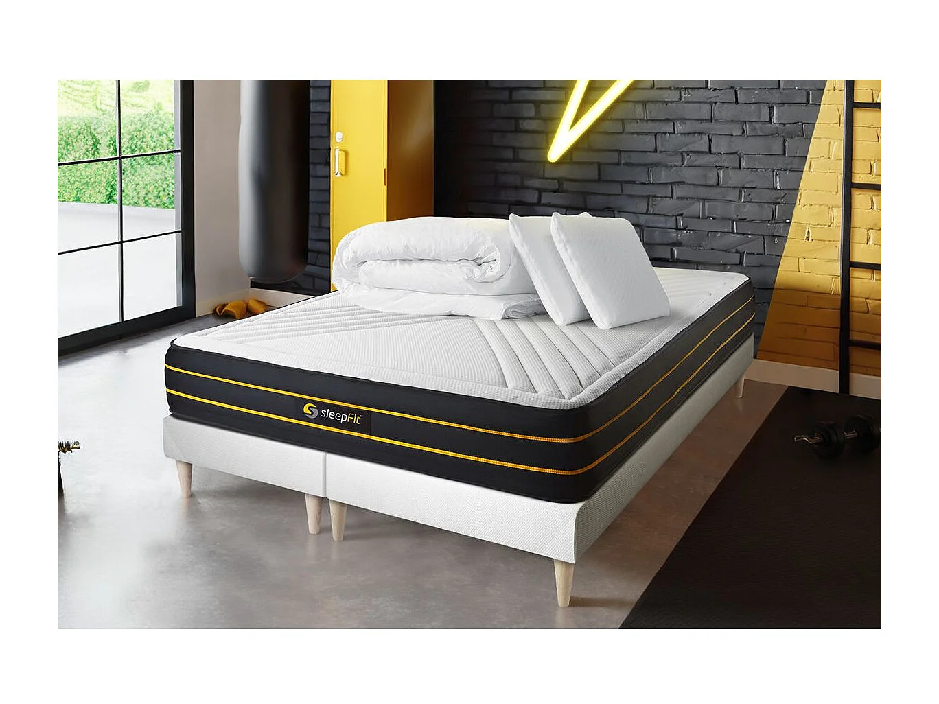 Pack matelas ULTRA 160x200 + double sommiers blanc 80x200 + Couette + 2 oreillers