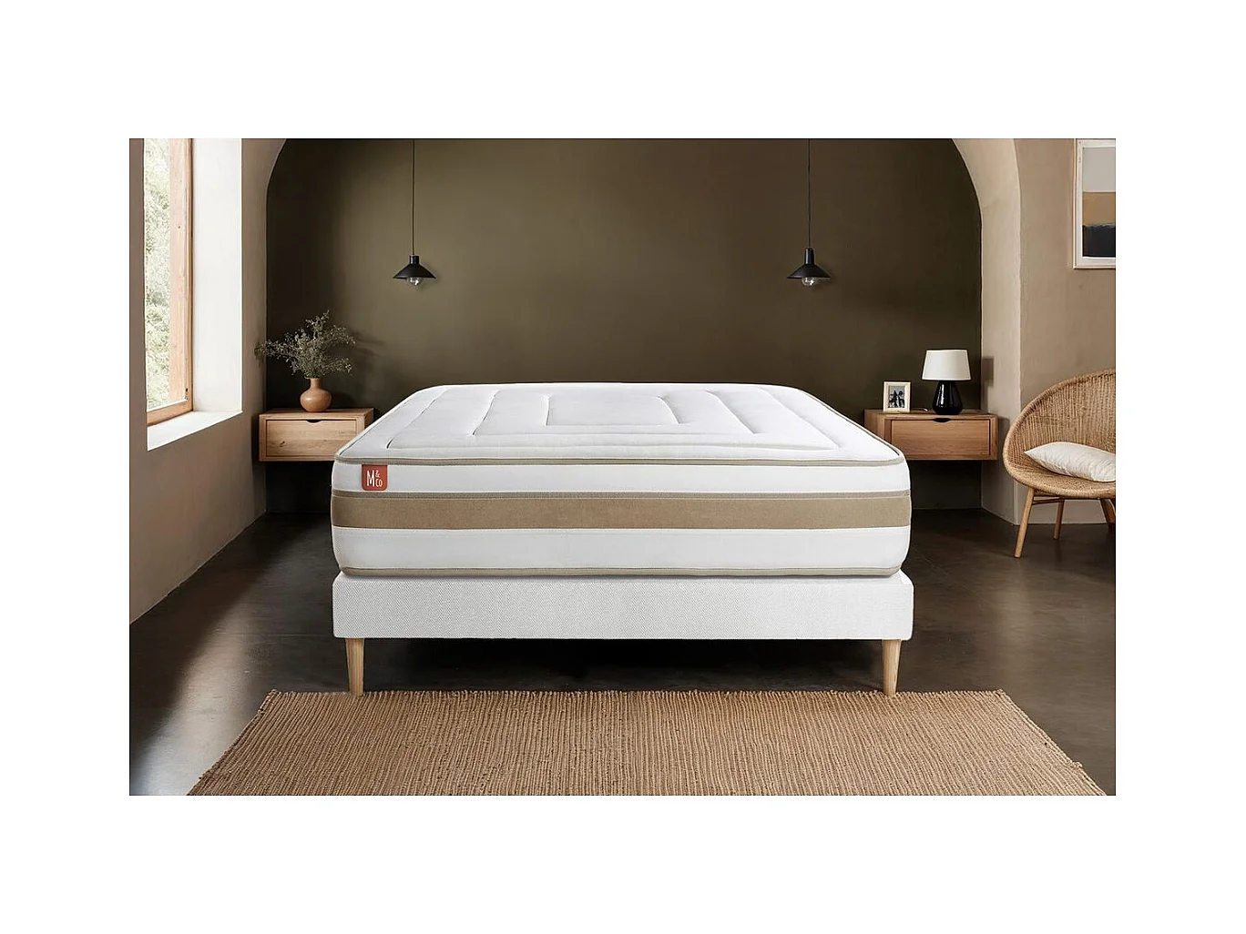 Ensemble LE RAFFINÉ 140x190cm Ressorts ensachés + Mémoire de forme BioVisco - Maxi épaisseur 26cm + sommier Blanc