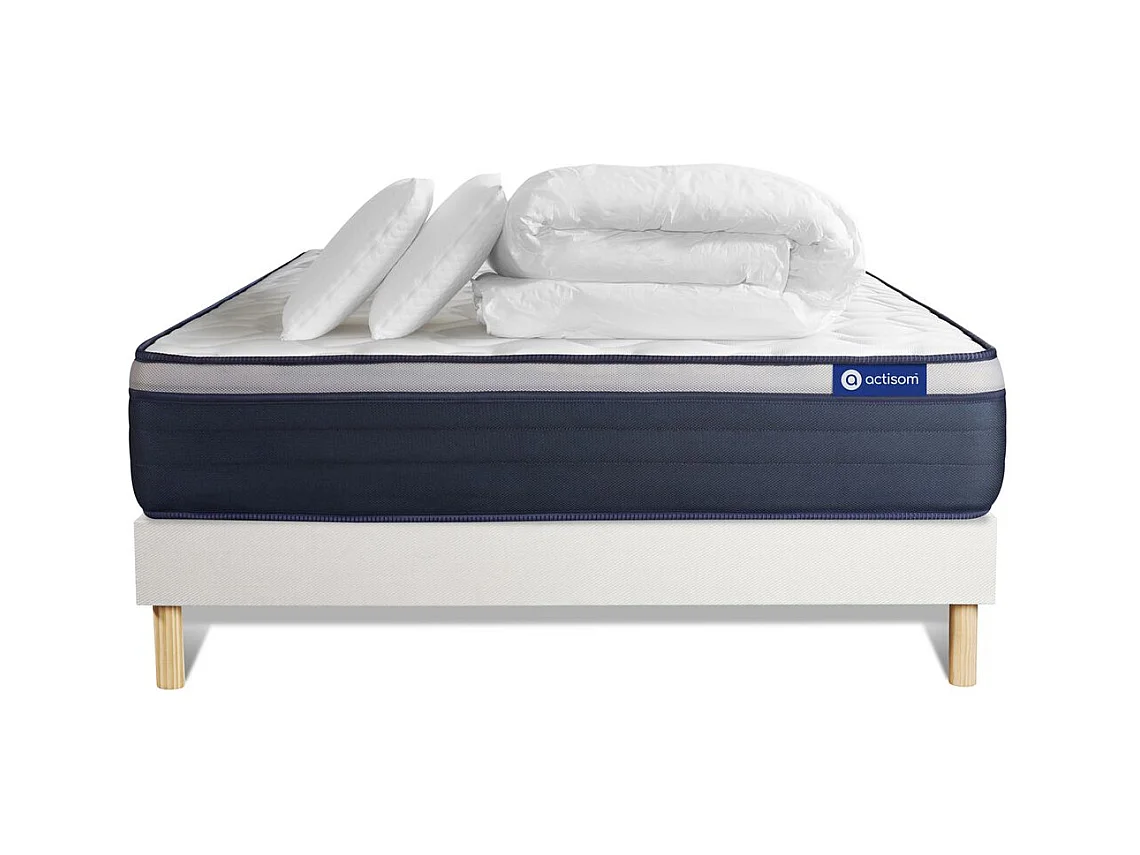 Pack prêt à dormir matelas Ressorts ensachés+Mémoire de forme ACTIFLEX MAX 160x200cm + sommier KIT blanc + 2oreillers+couette