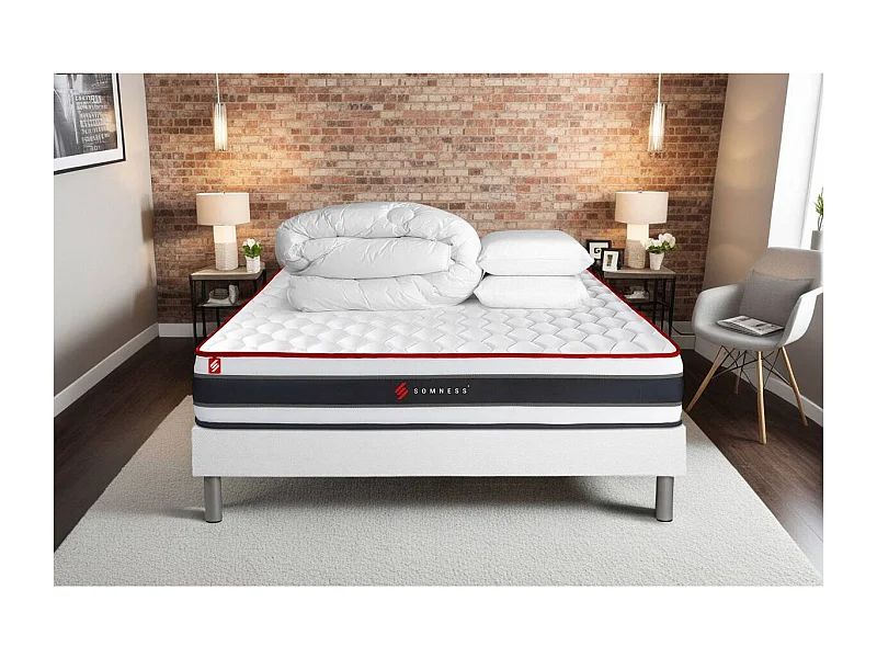 Pack prêt à dormir 180x200 matelas ENERGY ressorts ensachés et mémoire de forme + sommier kit blanc + Couette + 2 oreillers