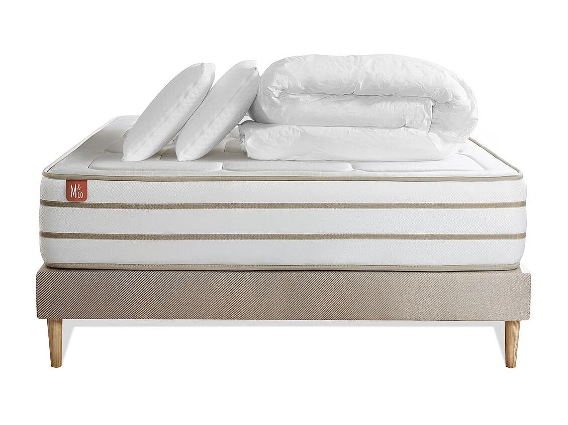 Pack prêt à dormir matelas LE DOUILLET 140x200cm Mémoire de forme BioVisco + sommier Beige + 2 oreillers + couette