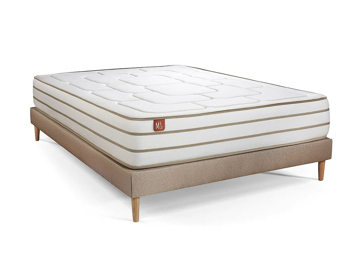 Pack prêt à dormir matelas LE DOUILLET 140x200cm Mémoire de forme BioVisco + sommier Beige + 2 oreillers + couette