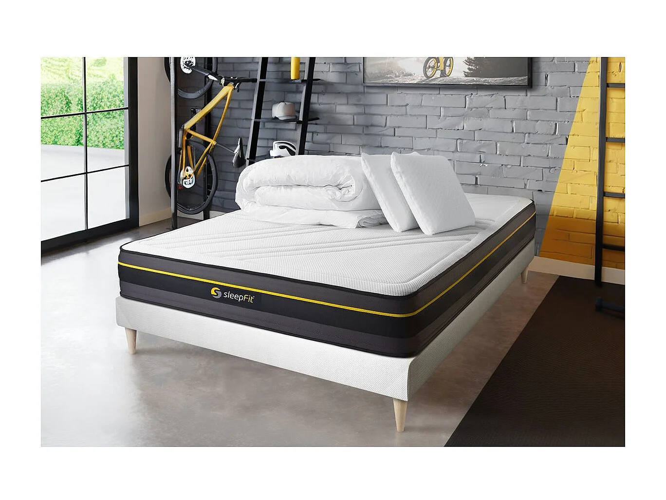Pack matelas ACTIVE 140x190 + sommier blanc + Couette + 2 oreillers