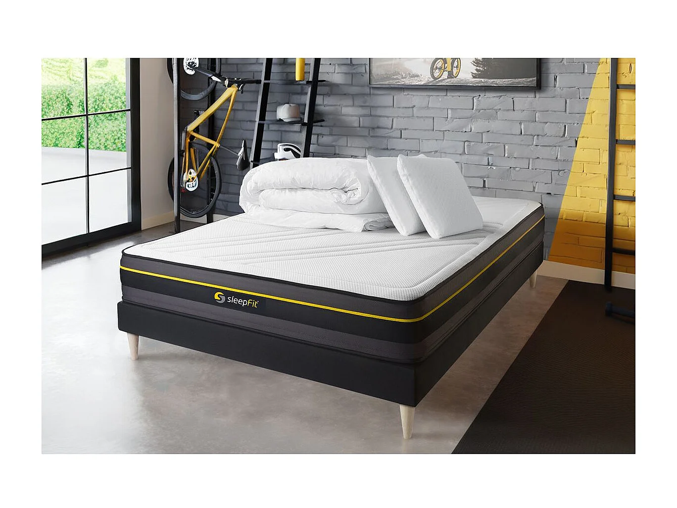 Pack matelas ACTIVE 160x200 + sommier noir + Couette + 2 oreiller