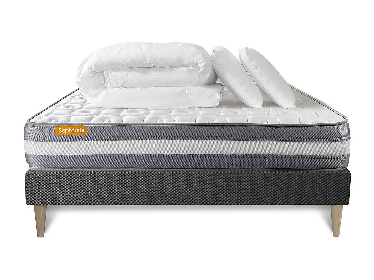 PACK matelas + sommier kit gris 140x200 Memo Plus Mémoire de forme + 2 oreillers + couette