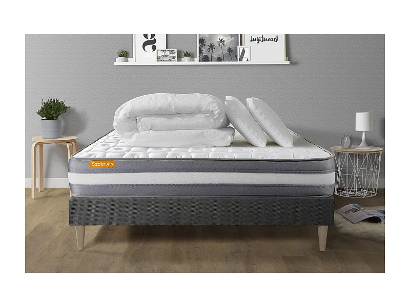 PACK matelas + sommier kit gris 140x200 Memo Plus Mémoire de forme + 2 oreillers + couette