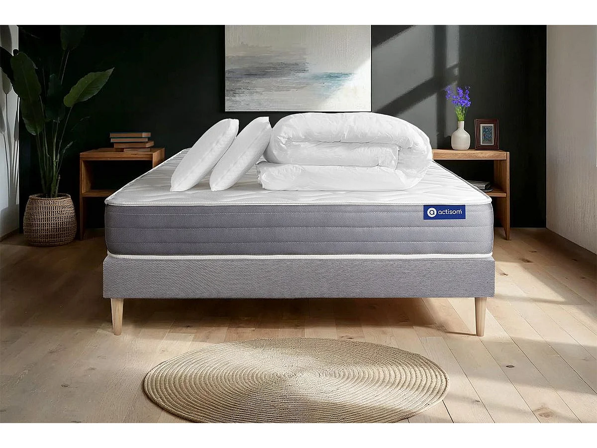 Pack prêt à dormir matelas ACTILATEX DREAM Latex et mémoire de forme 160x200 cm + sommier KIT gris + 2 oreillers + couette