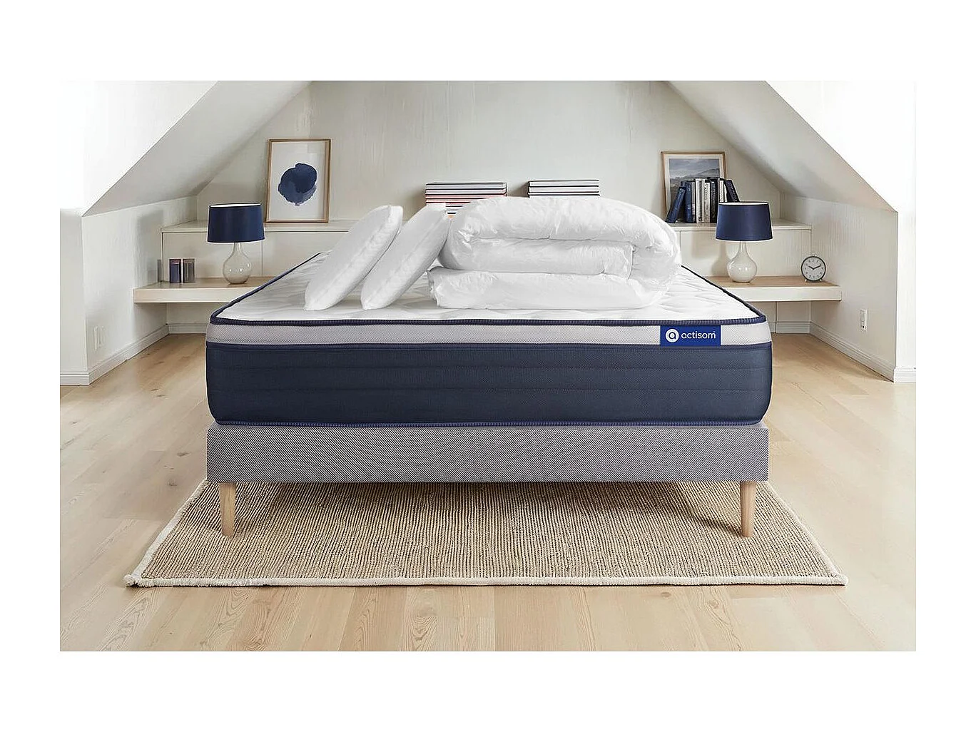 Pack prêt à dormir matelas Mémoire de forme ACTIMEMO MAX 140x190 cm Maxi épaisseur + sommier KIT gris + 2 oreillers +couette