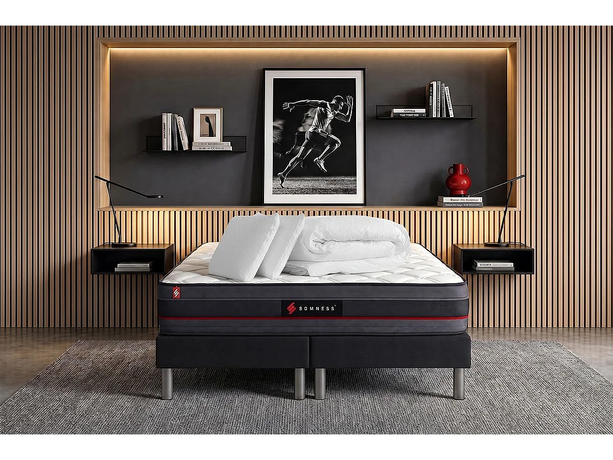 Pack matelas REGEN 180x200 + double sommiers noir 90x200 + Couette + 2 oreillers