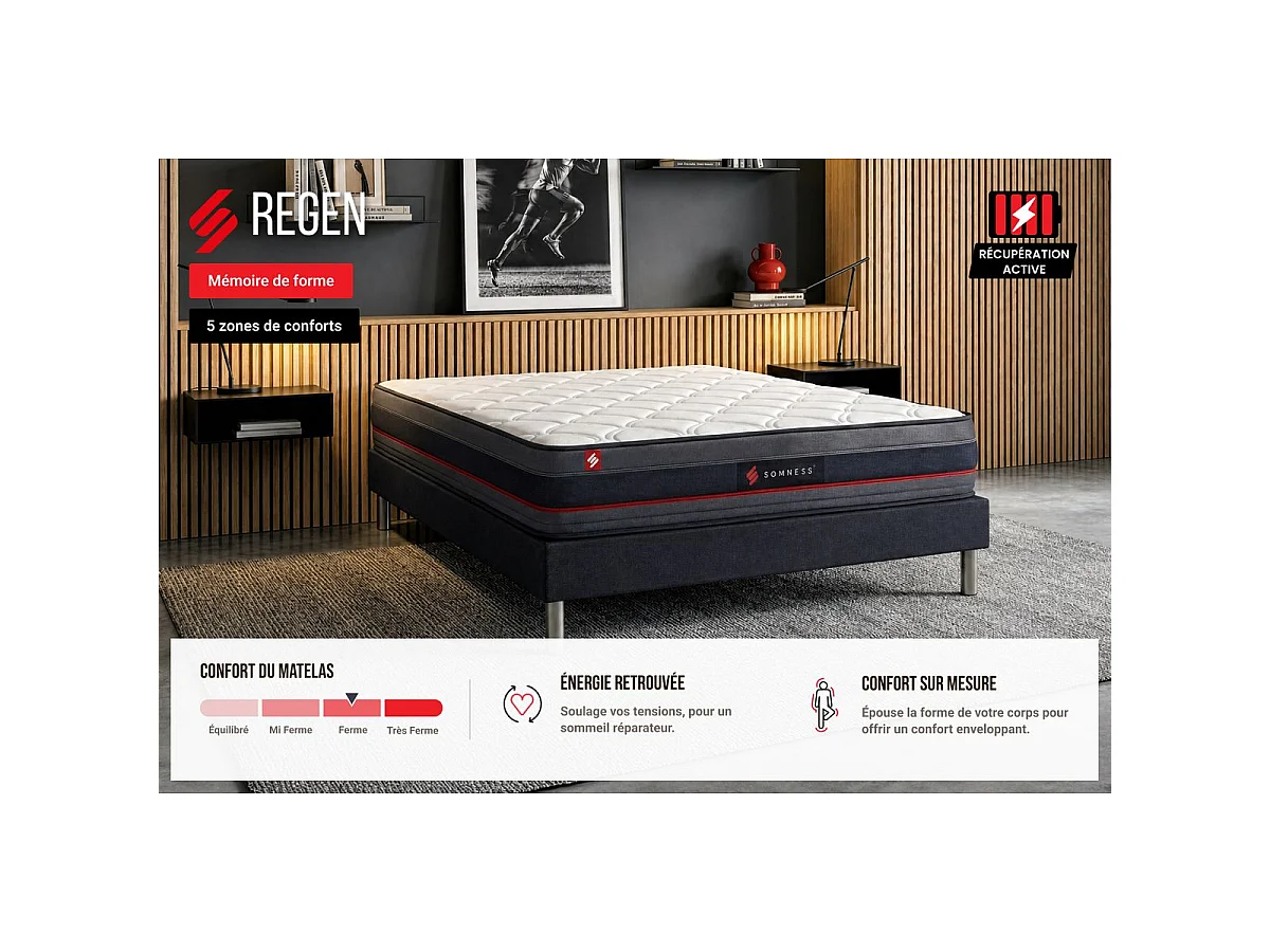 Pack matelas REGEN 180x200 + double sommiers noir 90x200 + Couette + 2 oreillers
