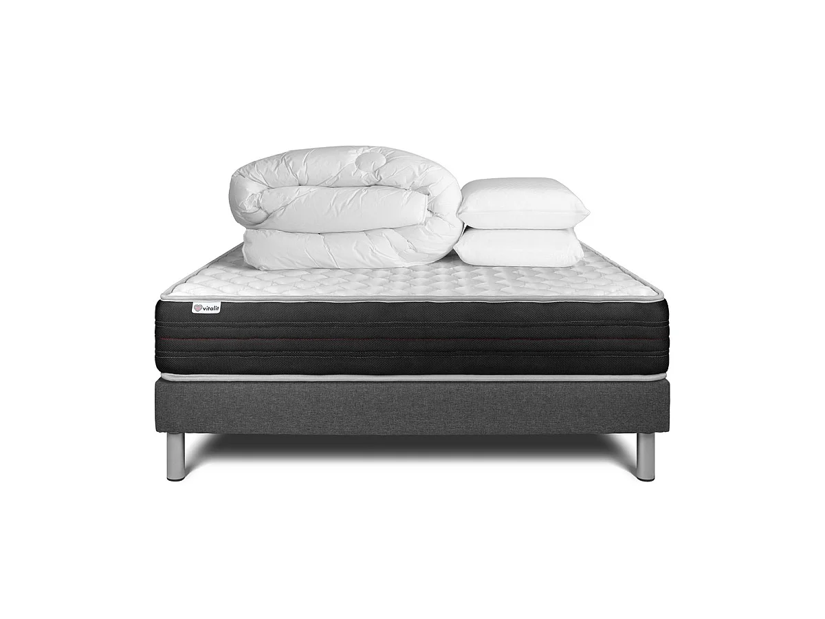 VITALMEMO ONE Madrasspaket - 24 cm - Memory Foam Polyuretan - Omslutande - Grå sängbottensats - Med täcke och kuddar