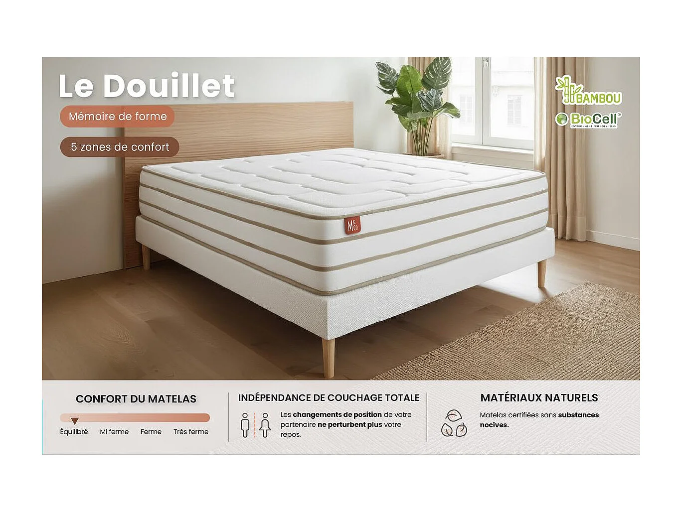 Pack prêt à dormir matelas LE DOUILLET 160x200cm Mémoire de forme BioVisco + double sommiers Beige + 2 oreillers + couette