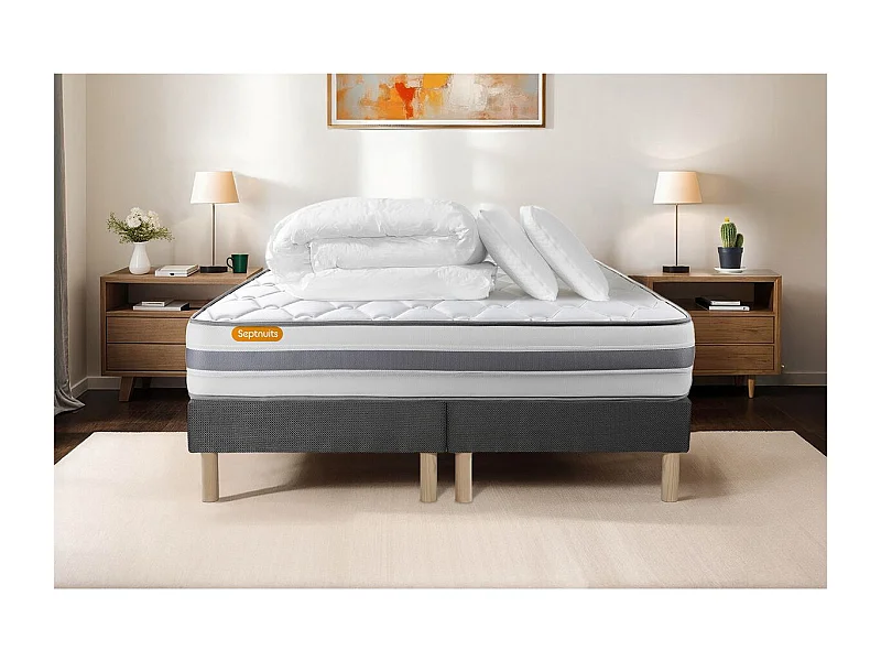 Pack matelas 160x200 + double sommiers gris 80x200 Memo Spring Ressorts ensachés 3 zones MAXI épaisseur + Couette + 2 oreillers