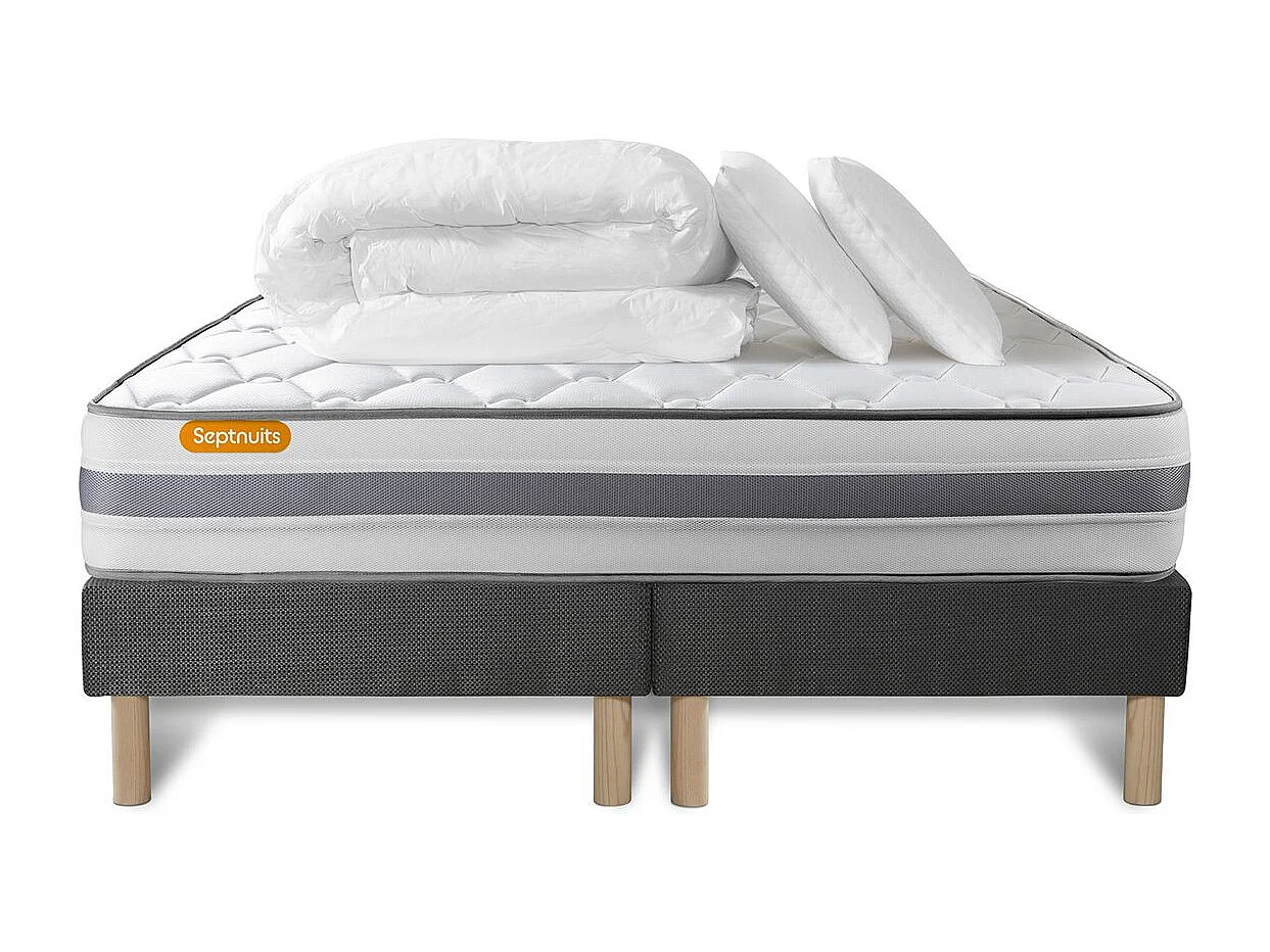 Pack matelas 160x200 + double sommiers gris 80x200 Memo Spring Ressorts ensachés 3 zones MAXI épaisseur + Couette + 2 oreillers