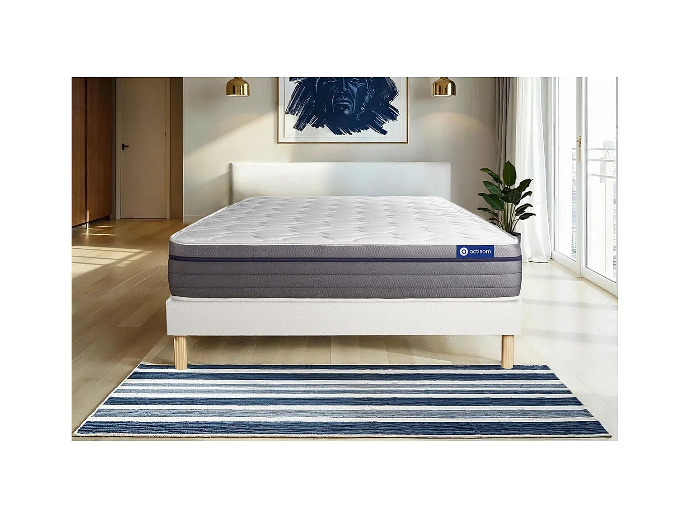 Ensemble matelas Ressorts ensachés+Mémoire de forme ACTIFLEX ZEN 140x190 Maxi épaisseur 7zones de confort + sommier KIT blanc
