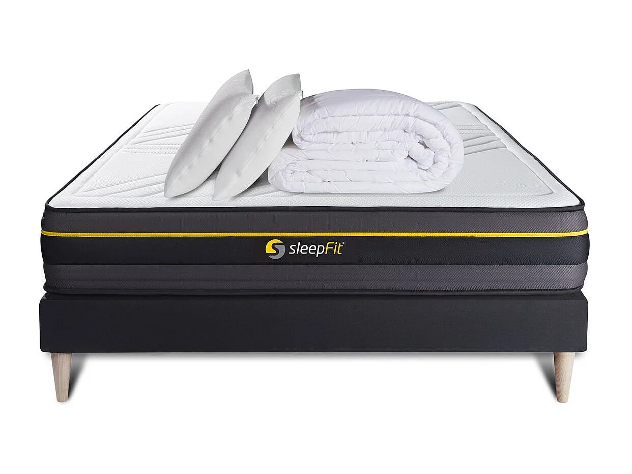 Pack matelas ACTIVE 140x190 + sommier noir + Couette + 2 oreillers