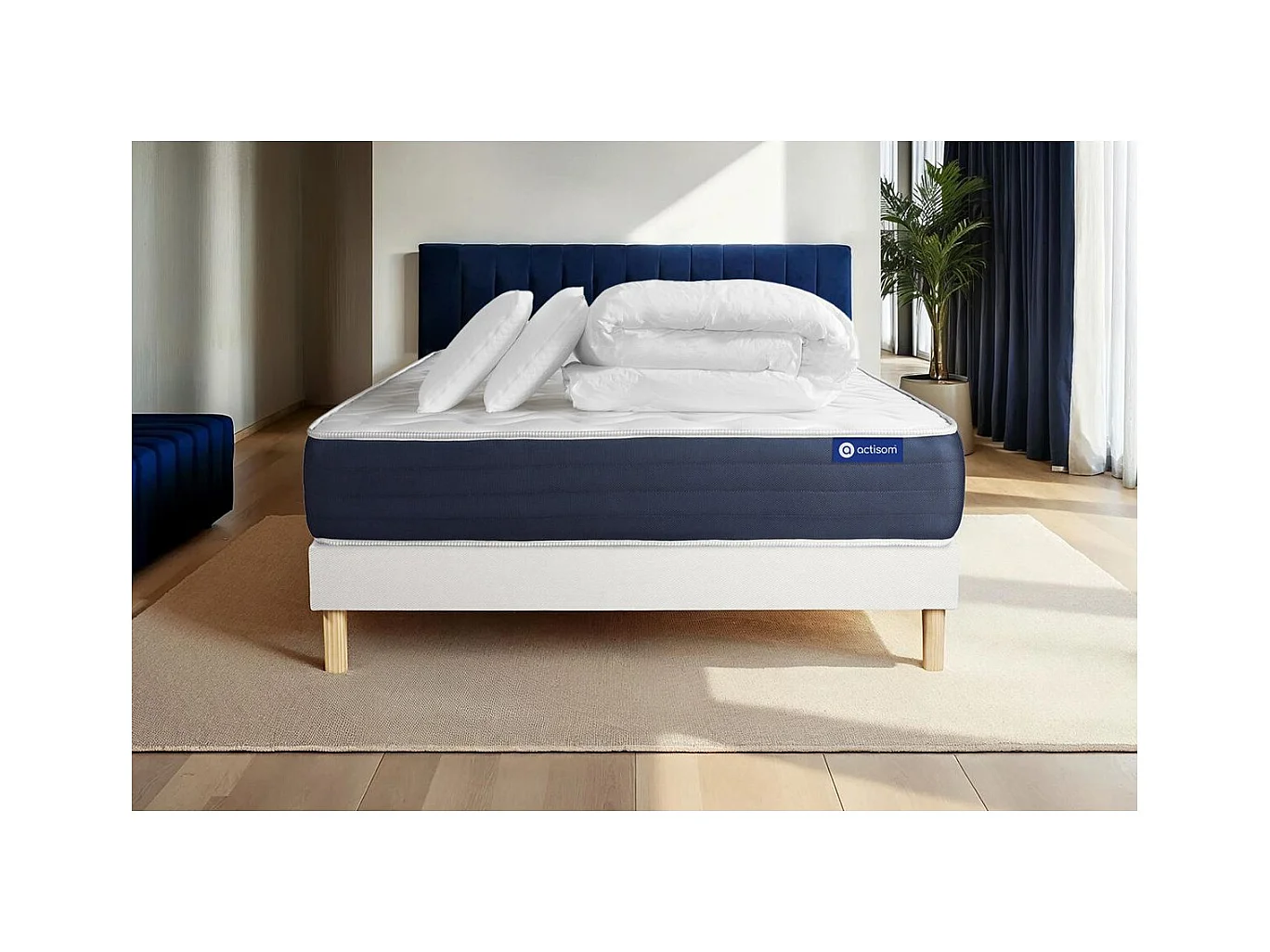 Pack prêt à dormir matelas Ressorts ensachés + Mémoire de forme ACTIFLEX SLEEP 160x200 + sommier KIT blanc +2oreillers+couette