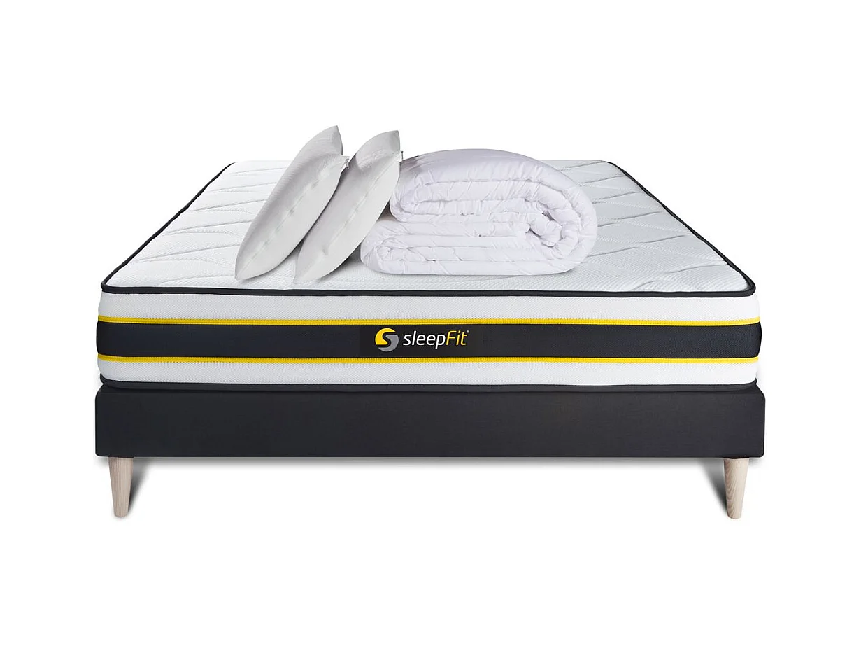 Pack prêt à dormir 180x200 matelas FLEXY + sommier kit noir + 2 oreillers mémoire de forme 60x40cm + Couette Percale 260x240cm