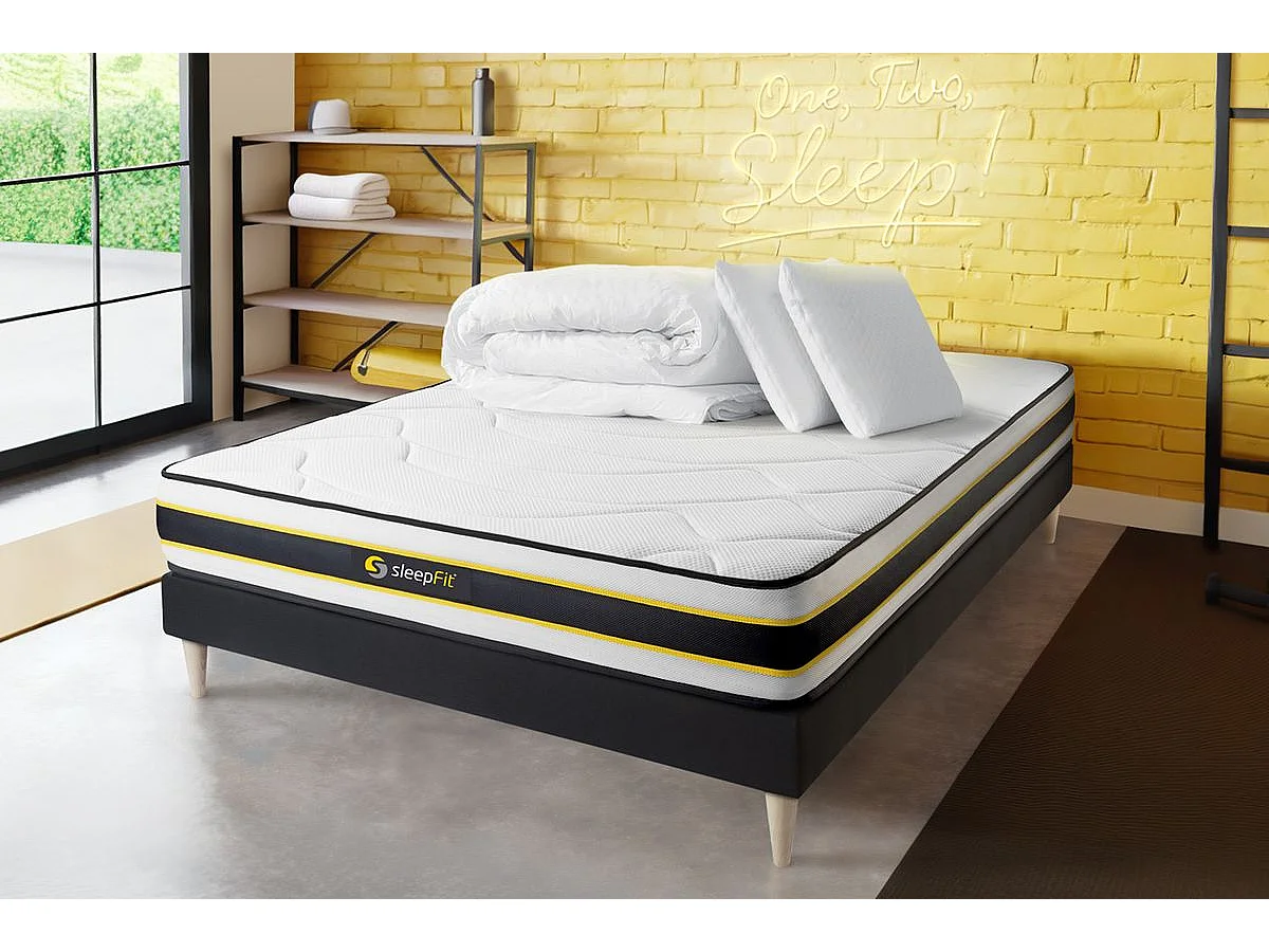 Pack prêt à dormir 180x200 matelas FLEXY + sommier kit noir + 2 oreillers mémoire de forme 60x40cm + Couette Percale 260x240cm