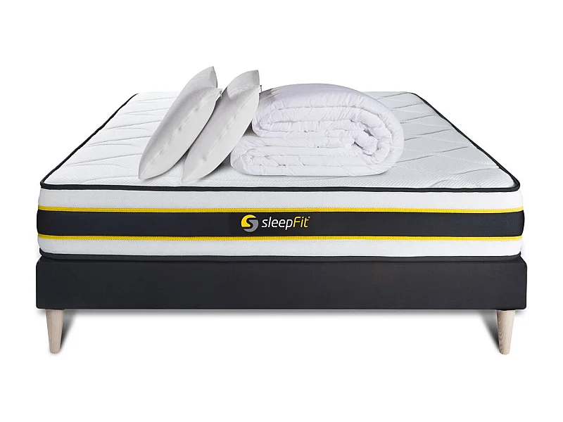 Pack prêt à dormir 180x200 matelas FLEXY + sommier kit noir + 2 oreillers mémoire de forme 60x40cm + Couette Percale 260x240cm