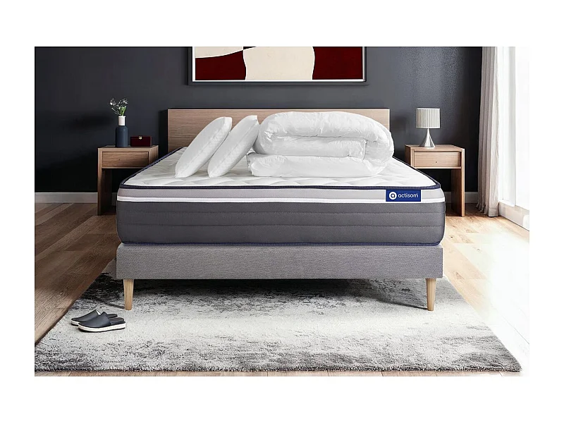 Pack prêt à dormir matelas ACTILATEX PLUS 200x200 cm Latex + Mémoire de forme + sommier KIT gris + 2 oreillers + couette