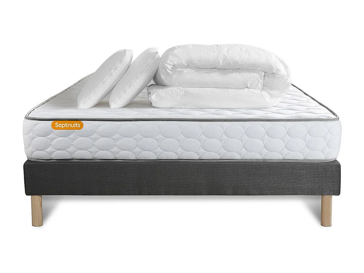 Pack matelas Memo + sommier gris 140x190 + 2 oreillers mémoire de forme