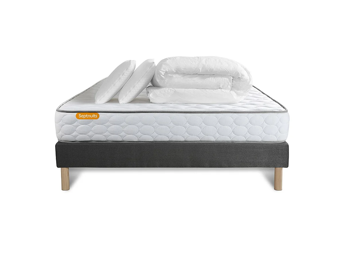 Pack matelas Memo + sommier gris 140x190 + 2 oreillers mémoire de forme