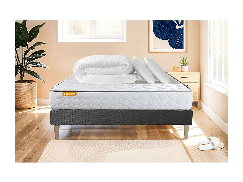 Pack matelas Memo + sommier gris 140x190 + 2 oreillers mémoire de forme