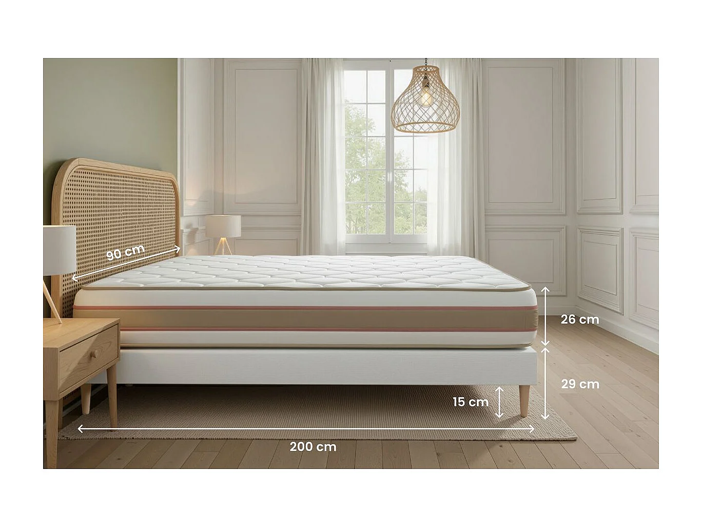 Ensemble LE DÉLICAT 90x200cm Ressorts ensachés + Mémoire de forme 5 zones de confort - Ep. 26cm + sommier kit Blanc