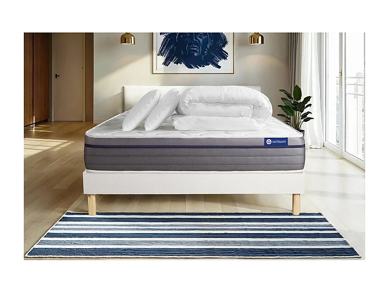 Pack prêt à dormir matelas Ressorts ensachés+Mémoire de forme ACTIFLEX ZEN 160x200 + sommier KIT blanc + 2 oreillers +couette