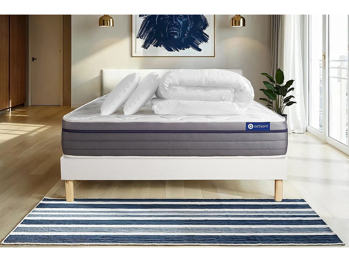 Pack cama completa - Colchón 160x200cm + Somier con láminas (kit) + 2 almohadas + Edredón - Actiflex Zen