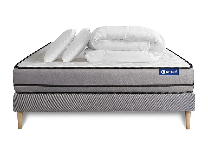 Pack prêt à dormir matelas ACTILATEX 200x200cm à MÉMOIRE DE FORME + LATEX + sommier KIT gris + 2 oreillers + couette