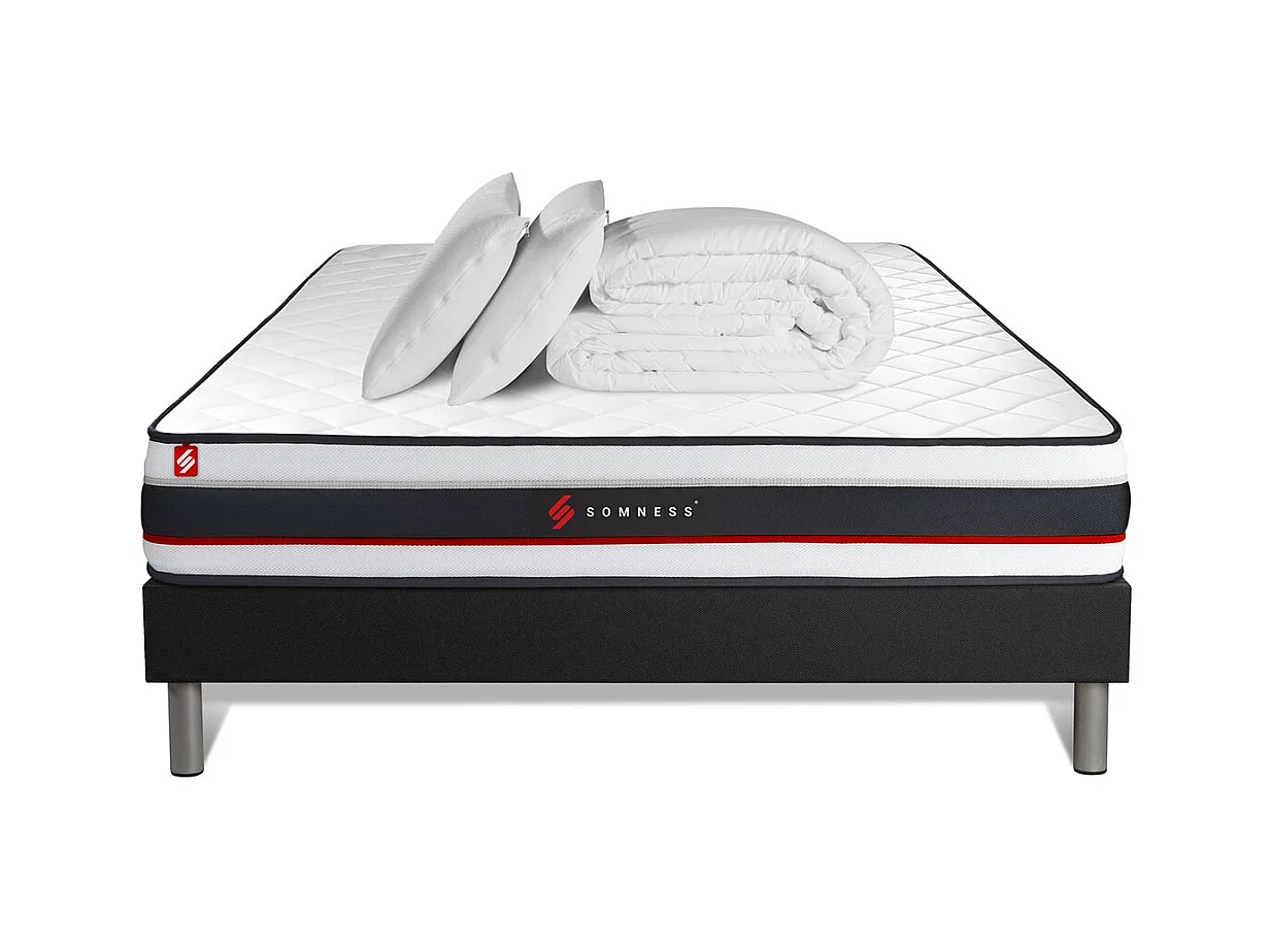 Pack prêt à dormir 200x200 matelas FORM + sommier kit noir + 2 oreillers mémoire de forme 60x40cm + Couette Percale 260x240cm
