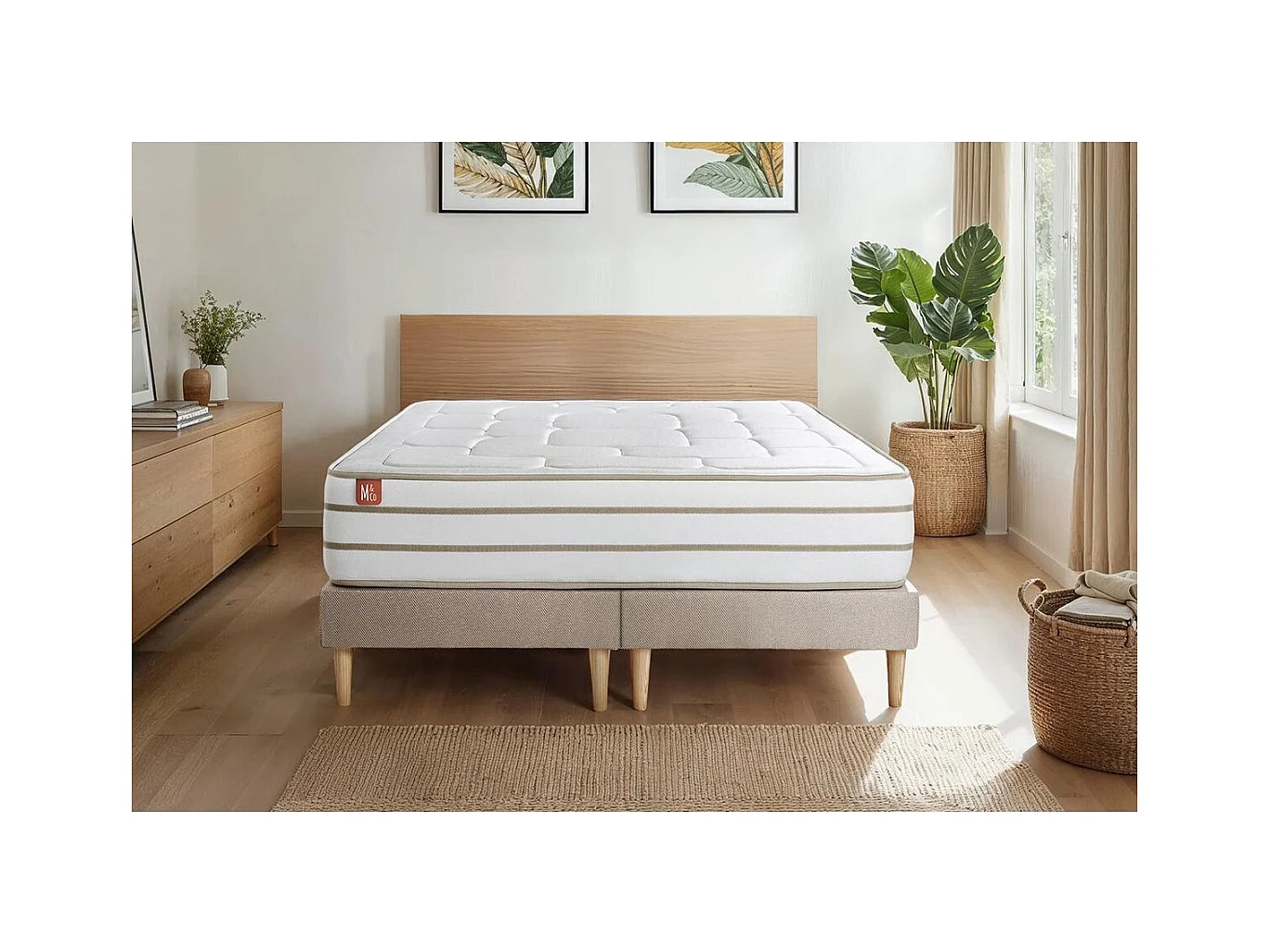 Ensemble LE DOUILLET 200x200cm Mémoire de forme BioVisco - Maxi épaisseur 26cm + double sommiers Beige