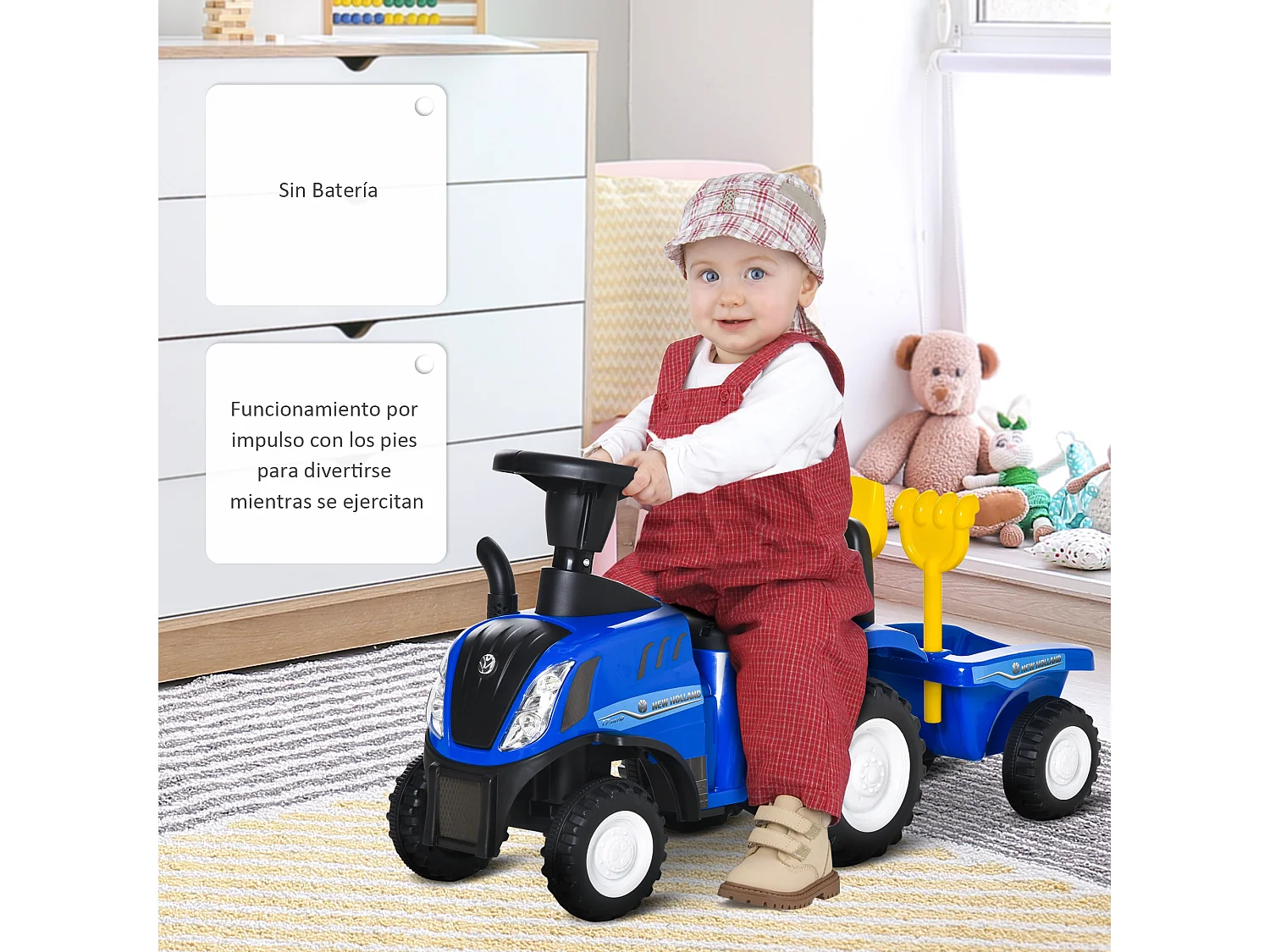 Tractor con remolque infantil azul 91x29x44 cm HOMCOM